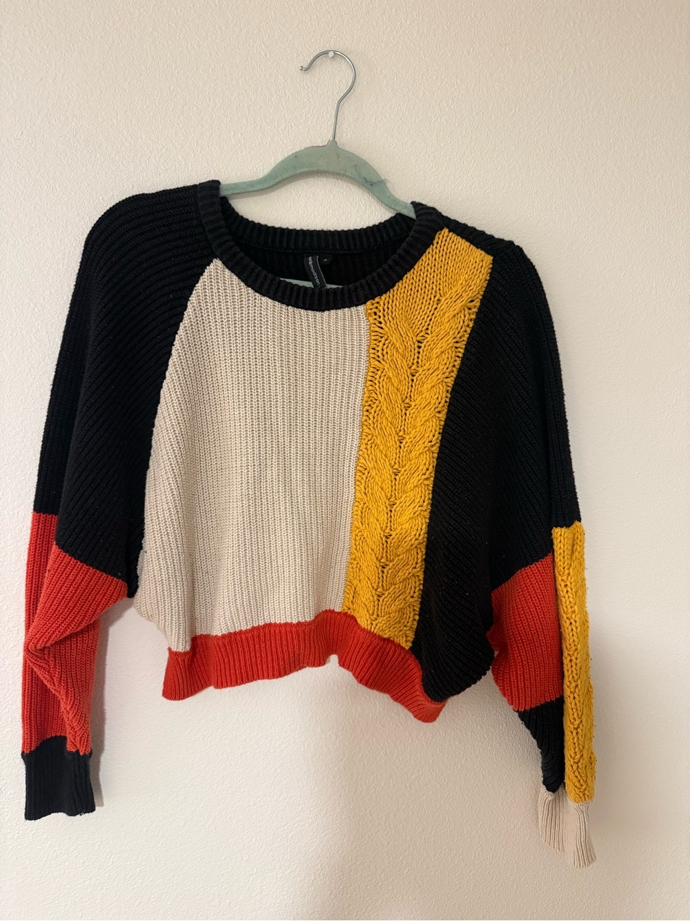 Colorblock Cable-Trim Cropped Sweater in Black, Cream, Red & Mustard